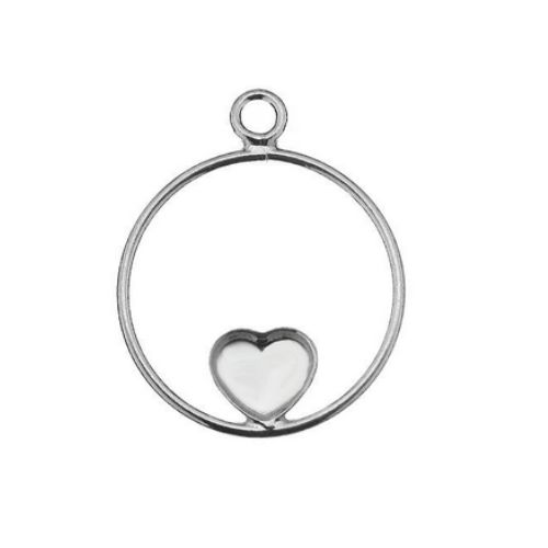 Silver pendant, round 20mm with heart cup, shiny; per pc