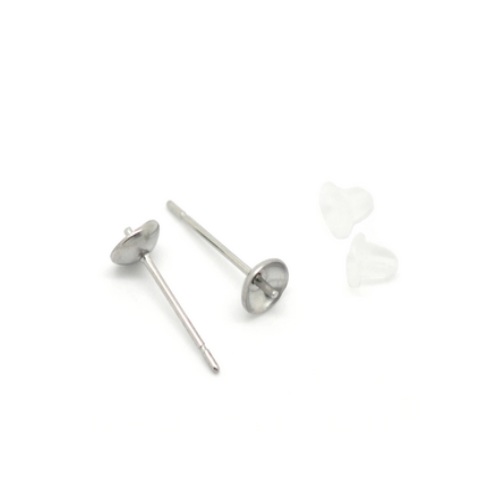 Stainless steel earpost with cup 5mm, silvertone; per 50 pair