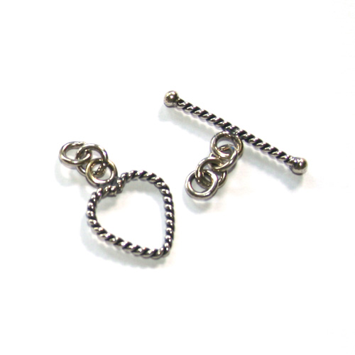Silver toggle, heart 12mm, twisted wire, antique; per 5 pcs