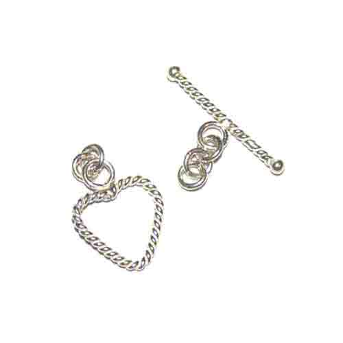 Silver toggle, heart, twisted wire, shiny; per 5 pcs