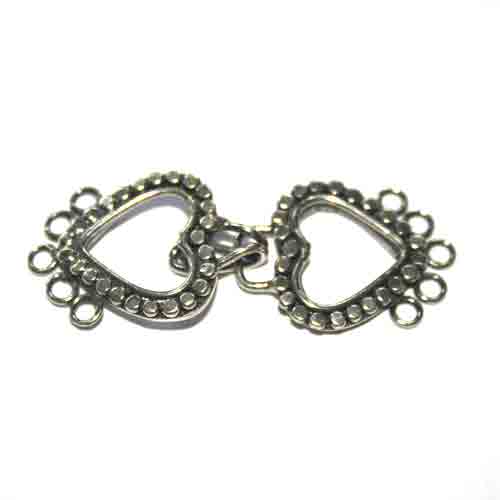 Silver hook clasp, 2 hearts with 5 rings; per pc