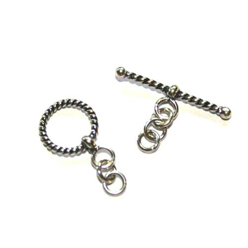 Silver toggle, 11mm / 22.5mm, twisted wire, antique; per 5 pcs