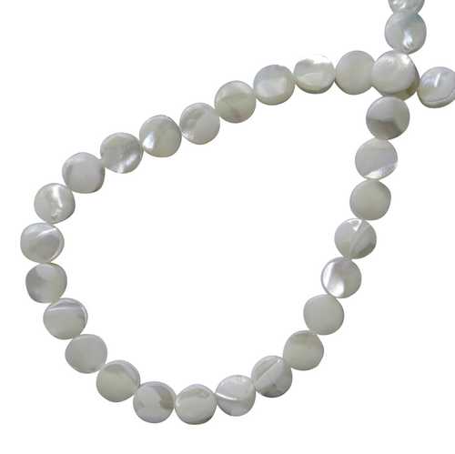 Mother of Pearl, flat round, 8mm, white; per 40cm string