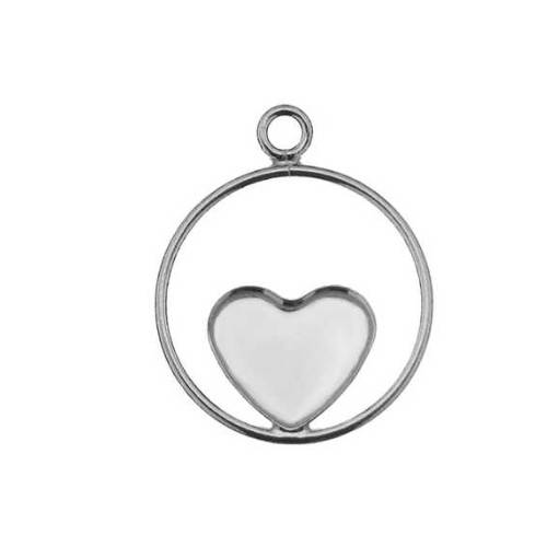 Silver pendant, round 20mm with heart cup, shiny; per pc