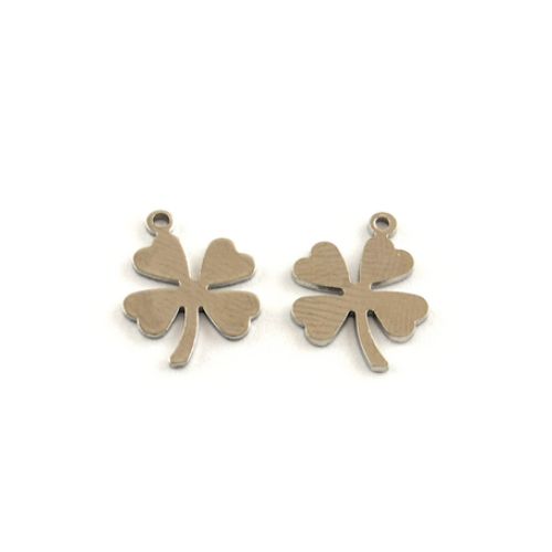 Stainless steel charm, clover, shiny; per 10 pcs