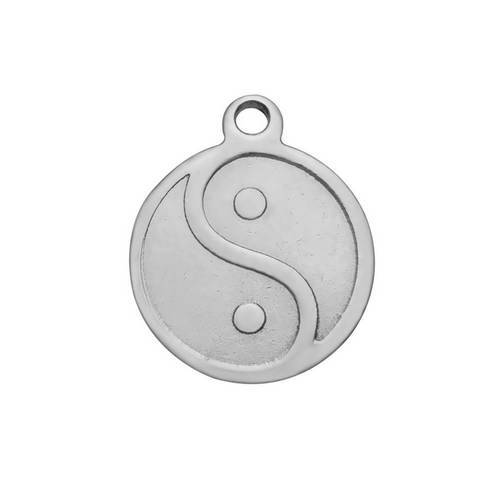 Stainless steel bedel, Yin Yang, 12mm, glanzend; per 5 stuks